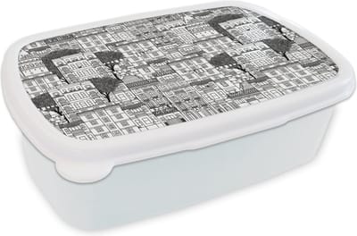 Broodtrommel Wit - Lunchbox - Brooddoos - Patroon - Huizen - Steden - 18x12x6 cm - Volwassenen