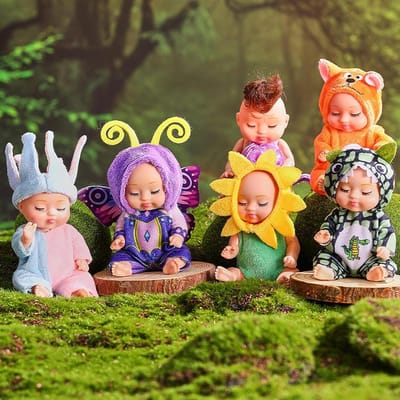 Mini Poppen Set - Babypoppen 6 Stuks - Spelen en Coderen - Actieve Gewrichten - 11 cm Hoog - Bos Kleuren