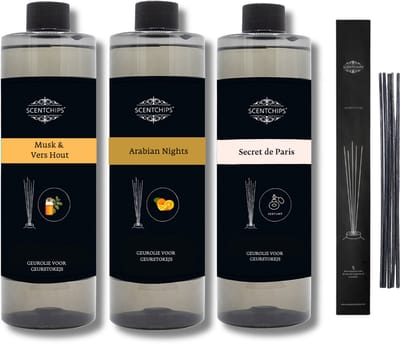 Navulling Musk & Vershout + Arabian Nights + Secret de Paris + Geurstokjes - Geurstokjes Navulling Set van 3 + 5 Geurstokjes - Geurverspreider - Luchtverfrisser - Huisparfum - 400ml x 3
