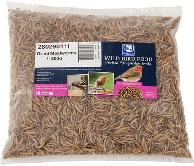 CJ Wildlife 500g Gedroogde Meelwormen voor Vogels - Eiwitrijk Vogelvoer voor Buitenvogels - Tuinvogelvoer voor Tuinvogels - Vrij van Zout en Toxines