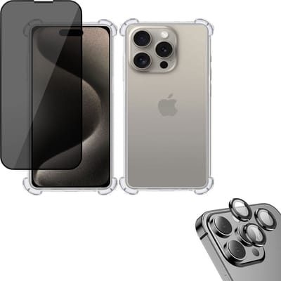 Hoesje geschikt voor iPhone 15 + Privé Screenprotector + Beschermglas Camera Lens - Privacy Proteqt+