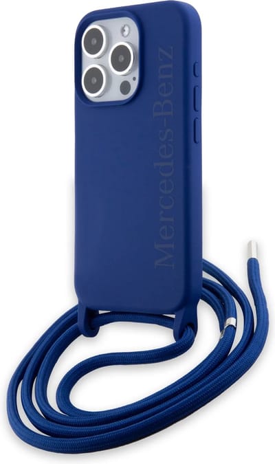 MERCEDES-BENZ - VLOEIBARE SILICONE HOESE GESCHIKT VOOR IPHONE 15 - MARINEBLAUW MET KOORD WOORDMERK LOGO