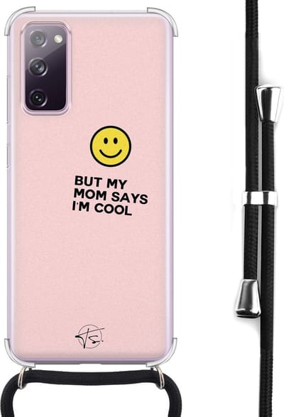 Hoesje met koord geschikt voor Samsung Galaxy S20 FE - I'm cool quote - Inclusief koord - Crossbody beschermhoes - Transparant, Roze - Mooie Telefoonhoesjes