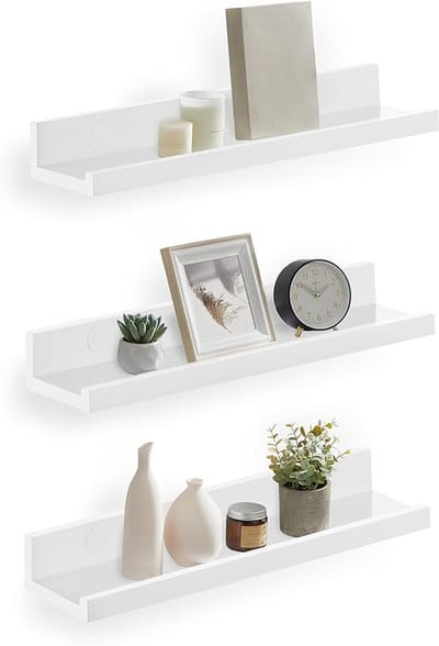 Famanu - Vrijhangende boekenplanken, set van 3, zwevende planken, hoogglans oppervlak, voor fotolijstjes en boeken, 38 x 10 cm, moderne planken, wit