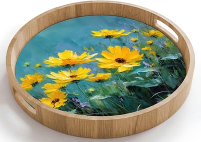 Dienblad rond 40x40 cm - Schootdienblad hout - Penseelstreken - Bloemen - Felgeel - Abstract - Borrelplank rechthoek - Plateau houten dienbladen