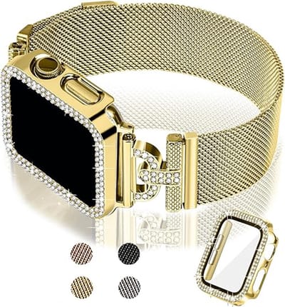 Stravo Slanke Milanese Bandje voor Apple Watch SE (3/2/1) 40mm / Series 6 40mm / Series 5 40mm / Series 4 40mm – Goud – Elegant Dames Horlogeband met Magnetische Sluiting + Bling Glitter Case Hoesje ( Screenprotector ) - iWatch Bandje