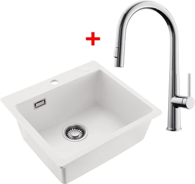 CECIPA max Spoelbak Keuken 50x45CM - Graniet Spoelbakken Met C-uitloop Keukenkraan - Enkele spoelbak Wit - Met waterafvoersysteem - Voor 50 cm kast