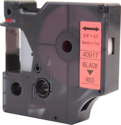 KATRIZ® huismerk label tape voor Dymo 40917 | LabelManager PNP/LabelPoint 150/Protable Labeler PL200/RhinoPRO 5200/6000 | Zwart op Rood | 9mm*7m |  1 stuk