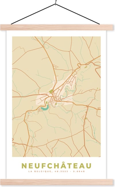 Posterhanger incl. Poster 40x60 cm - Schoolplaat - Stadskaart - Plattegrond - Kaart - Vintage - Neufchâteau - Textielposter - Blanke latten - Stadskaart