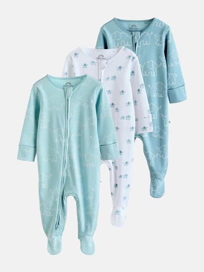 Next - Jongens - Baby Linear Elephant Sleepsuits 3 Pack - Blauw