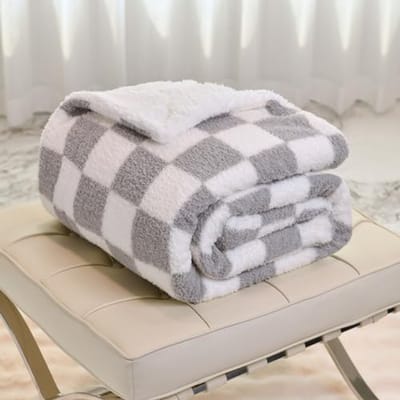 Dubbelzijdige Sherpa Fleece Deken – Super Zacht en Warm voor Bed en Bank (Grijs Geruit, 150 × 180 cm)