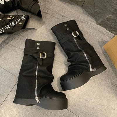 Designer Hoge Laarzen voor Dames Platte Schoenen Platform Schoenen Knielaarzen Fad Winter Dameslaarzen Motorlaarzen Goth Nieuw Mujer Botas 40 gray