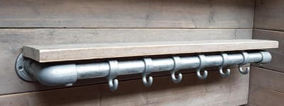 Steigerbuis Kapstok met Bovenplank | 80cm | 6 Haken | Buis 42mm | Industrieel | Loft | Robuust | Buis | Staal | Metaal | Hout en Staal
