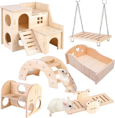 Houten Speelgoed voor Hamsters - 6 Stuks Kauwspeelgoed en Accessoires