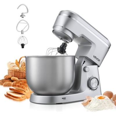 VEVOR Staande Mixer/Foodprocessor voor Bakken, 1500W Deegmachine met Roestvrijstalen Kom (5,7 L) & Deeghaak & Klopper & Garde, 10 Snelheden Kantelbare Mixer