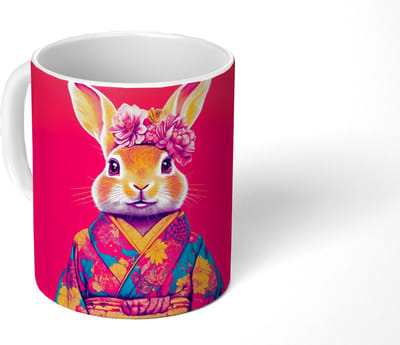 Mok - Koffiemok - Konijn - Bloemen - Kleurrijk - Kimono - Mokken - 350 ML - Beker - Koffiemokken - Theemok