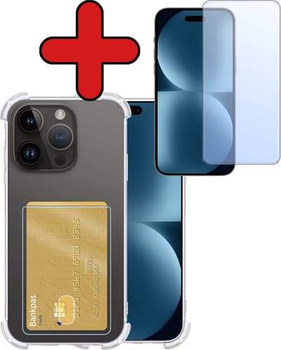 Hoesje - Geschikt voor Apple iPhone 15 Pro - Met Screenprotector - Pashouder - Kaarthouder - Back Cover - Telefoon Hoes Shockproof - Siliconen Case - Shock Proof - Pasjes Houder - Telefoonhoes - Transparant