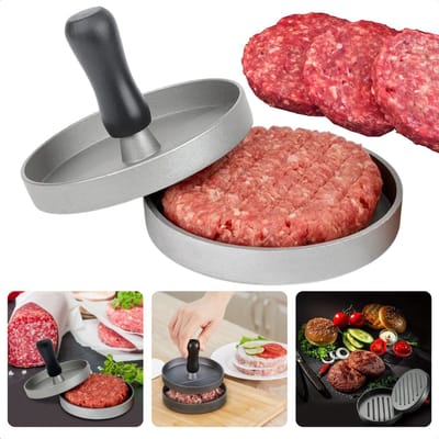 Cheqo® Hamburgerpers - Hamburger Pers - Hamburger Maker - Aluminium Hamburgermaker - Rond - Met Handvat