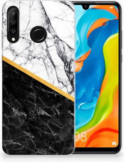 TPU Hoesje voor Huawei P30 Lite TPU Siliconen Hoesje Marmer Wit Zwart - Origineel Cadeau Man