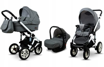 BabyLux® Kinderwagen 3in1 – SKY LARK - Grey Flex WHITE FRAME - Opklapbare Wandelwagen incl. Reiswieg, Multifunctionele Buggy Sportstoel, Autostoel - Combi-kinderwagen met Luiertas, Regenhoes, Klamboe, Bekerhouder, etc.