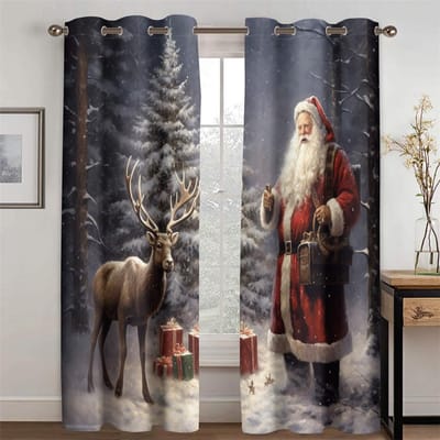3D Kerstgordijnen Kerstman Eland Sneeuw Gordijn Woonkamer Slaapkamer Keuken Balkon Raam Decoratieve Gordijnen Set van 2 50W130H(CM)X2PCS&Hook