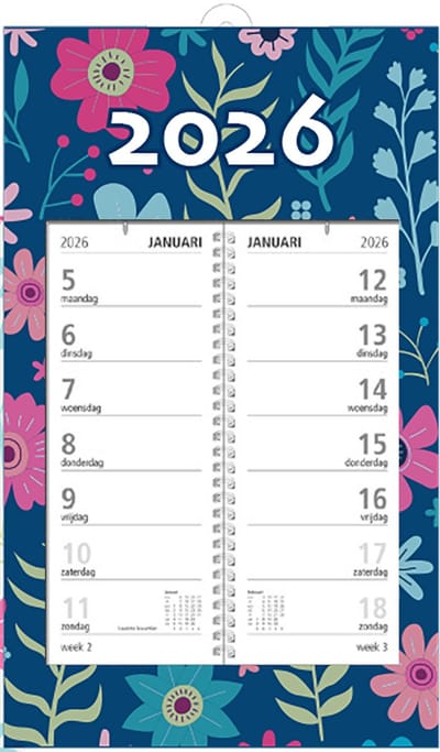 MGPcards - Omlegweekkalender 2026 - Week begint op maandag - 21 x 34 cm - Flowers - Donker blauw