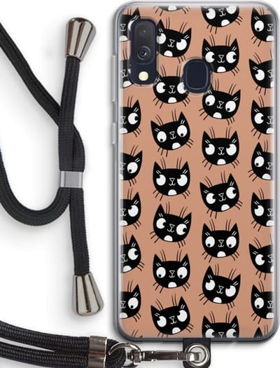 Case Company® - Hoesje met koord geschikt voor Samsung Galaxy A40 hoesje met Koord - Kat - Telefoonhoesje met Zwart Koord - Bescherming aan alle Kanten en Over de Schermrand