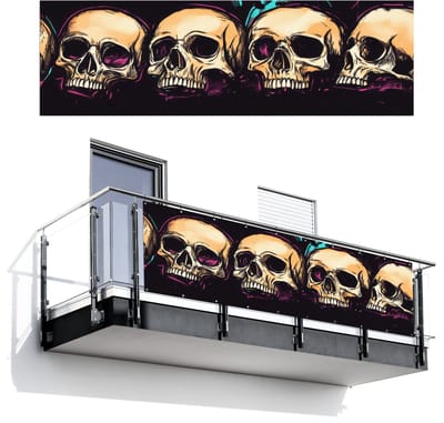 Balkonscherm 300x95 cm - Balkonposter Schedels - Graffiti - Neon - Balkon scherm decoratie - Balkonschermen - Balkondoek zonnescherm