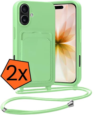 Hoesje Geschikt voor iPhone 17 Hoesje Met Telefoonketting Pasjeshouder Case Koord - Hoesje Geschikt voor iPhone 17 Hoes Met Kaarthouder - Groen - 2 PACK