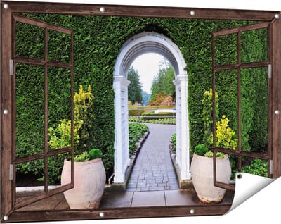 Gards Tuinposter Doorkijk Doorkijk met Potten - 120x80 cm - Tuindoek - Tuindecoratie - Wanddecoratie buiten - Tuinschilderij