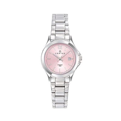 Certus-dameshorloge-model 641402-zilverkleurig-roze-datum-5 atm waterdicht-diameter 28 mm-made in France