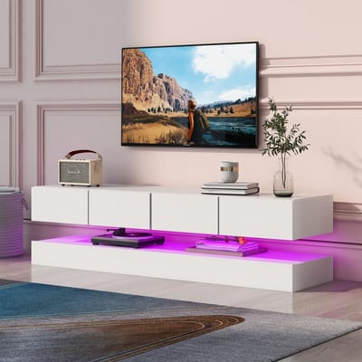 Pugsdrly LED tv-lowboard, wandgemonteerde tv-kast, tv-standaard, tv-meubel met 2 kasten en 4 grote lades, 16-kleurige ledverlichting Wandkast voor tv's tot 55 inch Wit 130*33*15 cm