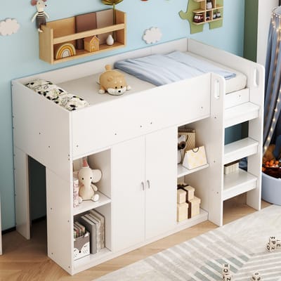 Sweiko Hoogslaper - 90 x 200 cm - Opbergrek - met Kledingkast - Wit
