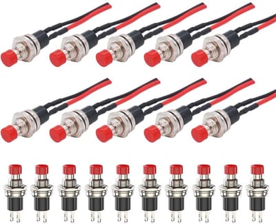 Mini-drukknop met Voorbekabeld, Momentane Drukschakelaar, Vergrendelloos, 2 Pins, 1A AC 250V, SPST ON/UIT Knop voor Auto, Dashboard, Boot - 7 mm Montagegat, Rood