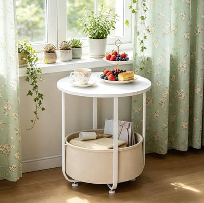 Salontafel - Ronde Bijzettafel Met Opbergmand En Metalen Frame - Voor Woonkamer Slaapkamer Of Balkon - Hout Metaal Wit - 45x45x50 Cm
