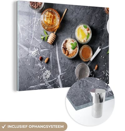 MuchoWow® Glasschilderij 120x90 cm - Schilderij acrylglas - Honing - Specerijen - Keuken - Marmer - Foto op glas - Schilderijen