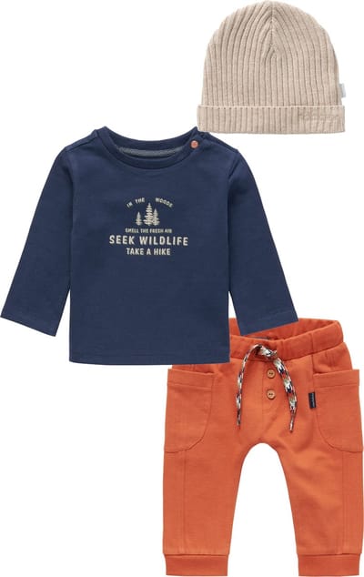 Noppies Kledingset - 3delig - Jongens - Broek Jordrup Bombay Brown - Shirt Jan Phyl Black Iris - Muts Beanie Joliet Sand Melange - Maat 80