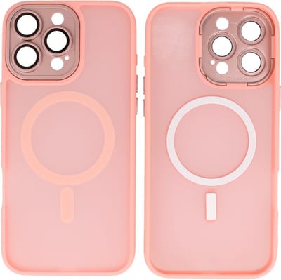MagSafe Hoesje Geschikt voor iPhone 14 Pro - Mat-Transparent met Camera Beschermer Case - Roze