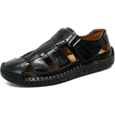 Nieuwe Echt Lederen Heren Strand Grote Maat 38-48 Ademende Sandalen Retro Handgenaaid Baotou Casual Mode Handgemaakte Schoenen 43 zwart