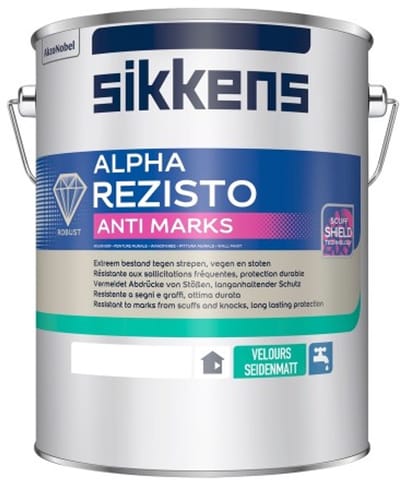 Sikkens Alpha Rezisto anti Marks Velours - Fluweel matte watergedragen muurverf binnen -1potsysteem - Extra bestand tegen strepen en vegen - 5 L - RAL 9010 Pure White ( gebrokenwit) 1