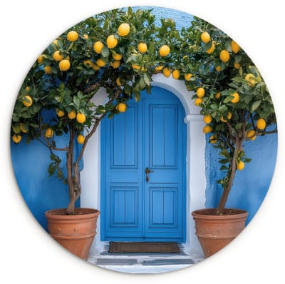 WallCircle® Wandcirkel 120x120 cm - Muurcirkel Citroenbomen - Geel - Deur - Potten - Muurdecoratie woonkamer - Wanddecoratie slaapkamer - Kamer decoratie accessoires - Ronde schilderijen XXL