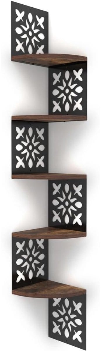 White-Label® Wandplank - Houten Plank Wandmontage - Hoekrek Display Decor - Hoekplank - Organizer voor Slaapkamer Keuken Badkamer - Zwart en Bruin