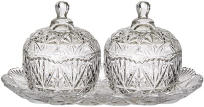Home Deco Factory 2x Bonbonnieres op plateau - Gedecoreerd glas - 14 x 26 cm - Luxe snoeppot - tafel model