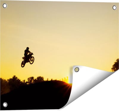 Gards Tuinposter Silhouet van een Motorcross bij Zonsondergang - 50x40 cm - Tuindoek - Tuindecoratie - Wanddecoratie buiten - Tuinschilderij