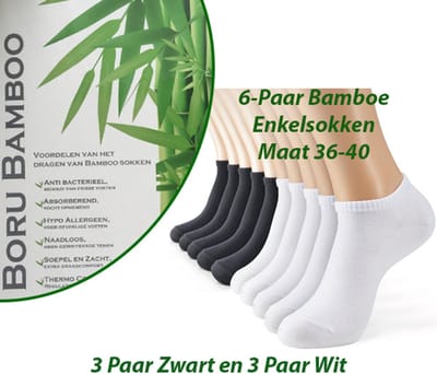 6-Paar Beschermde Voeten met Bamboe Enkelsokken Maat 36-40 Kleuren 3x Wit en 3x Zwart