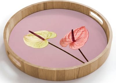 Dienblad rond 40x40 cm - Schootdienblad hout - Bloemen - Anthuriums - Geel - Roze - Borrelplank rechthoek - Plateau houten dienbladen
