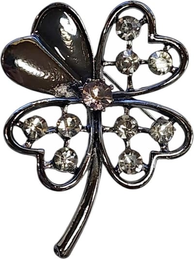 Fako Bijoux - Broche - Klavertje Vier - Antraciet Strass - 40x54mm - Donkergrijs