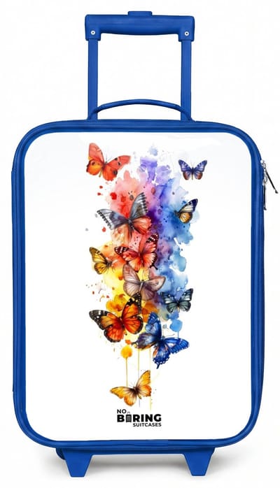 NoBoringSuitcases.com® - Kinderkoffer blauw - Kindertrolley jongen - Vlinderzwerm - Koffer kind lichtgewicht - Reiskoffer trolley voor kinderen - Koffertje met lichtgevende wieltjes - Rolkoffer