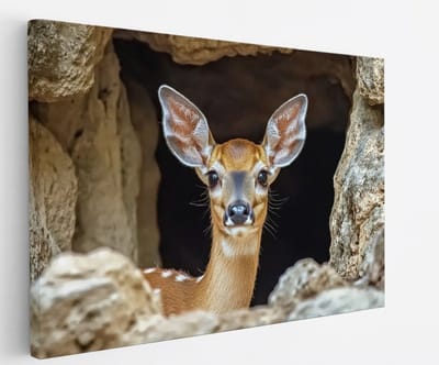 Saammp Canvas Schilderij - Glurend hert - Natuur - Dieren - 45x30 - Foto op canvas - Wanddecoratie - Muurdecoratie Woonkamer - Slaapkamer decoratie - Canvas Print