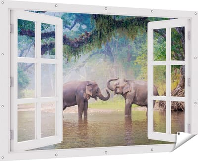 Gards Tuinposter Doorkijk Twee Olifanten in het Water - 180x120 cm - Tuindoek - Tuindecoratie - Wanddecoratie buiten - Tuinschilderij